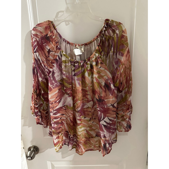 Lucky Brand Tops - Lucky Brand L Rust Maroon Green Leaf Print Off-Shoulder Blouse Top